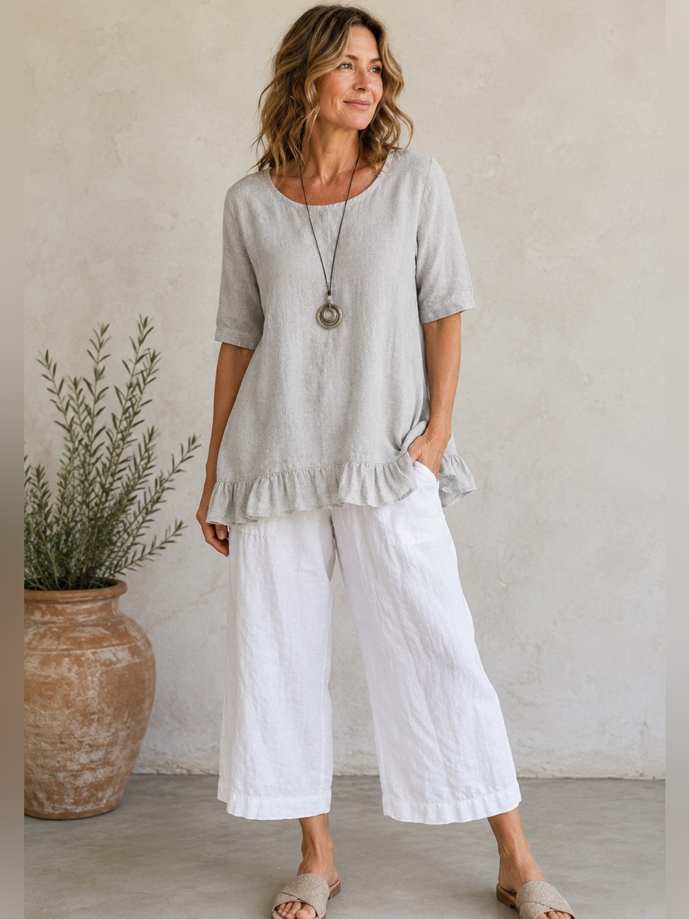 Lungo L’Arno Made in Italy 100% Linen Ruffle Hem Tunic Top Size L